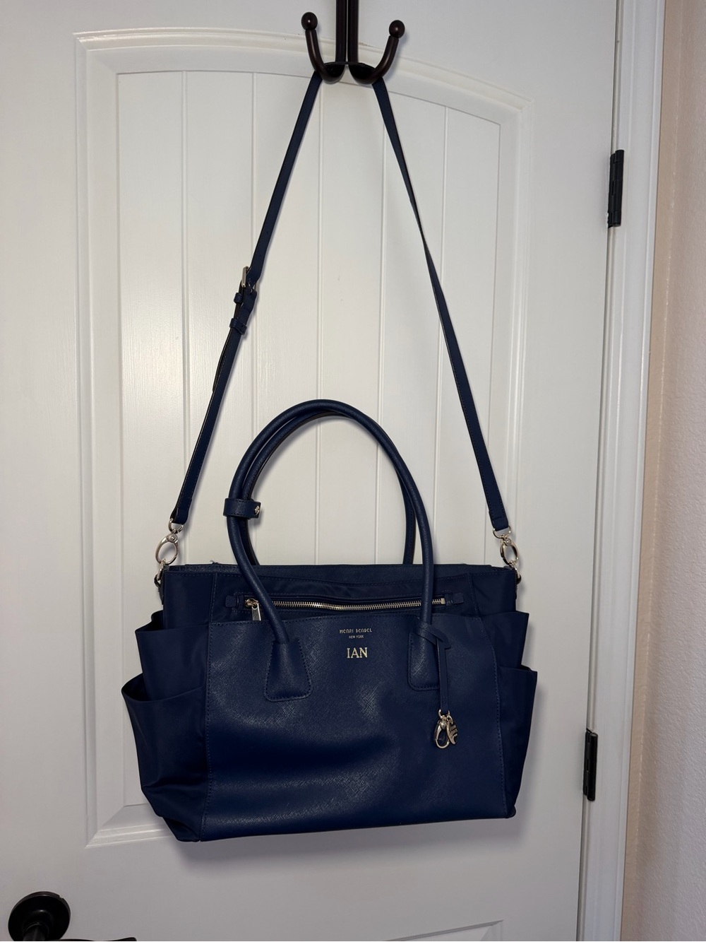 Henri Bendel West 57th navy blue diaper bag tote featuring saffiano leather